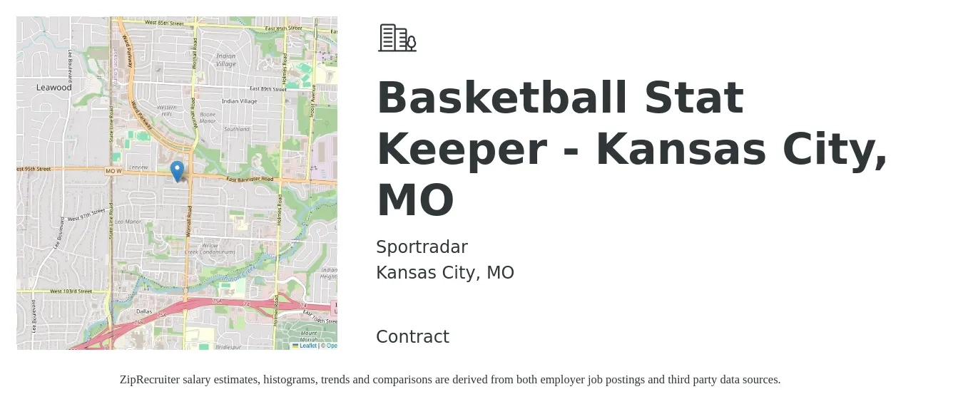 Sportradar job posting for a Basketball Stat Keeper - Kansas City, MO in Kansas City, MO with a salary of $16 to $29 Hourly with a map of Kansas City location.