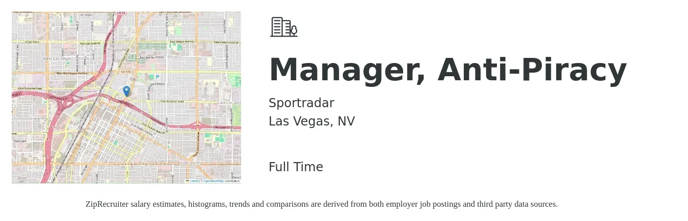 Sportradar job posting for a Manager, Anti-Piracy in Las Vegas, NV with a salary of $75,000 to $85,000 Yearly with a map of Las Vegas location.
