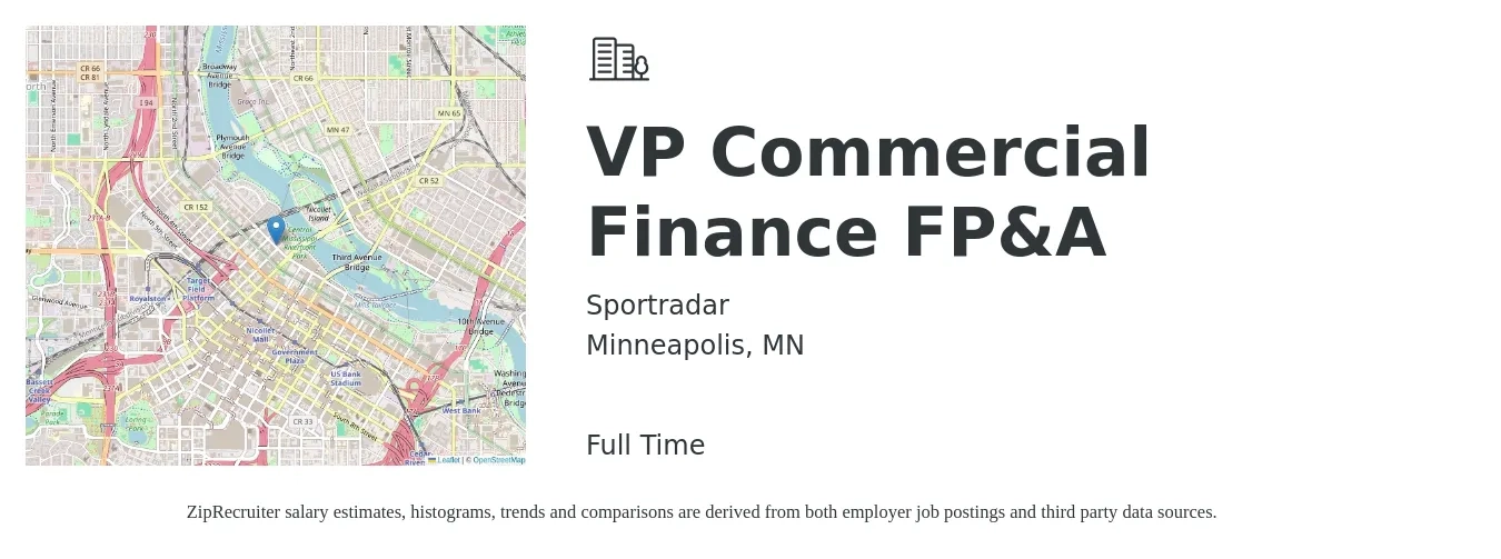 Sportradar job posting for a VP Commercial Finance FP&A in Minneapolis, MN with a salary of $142,500 to $207,200 Yearly with a map of Minneapolis location.