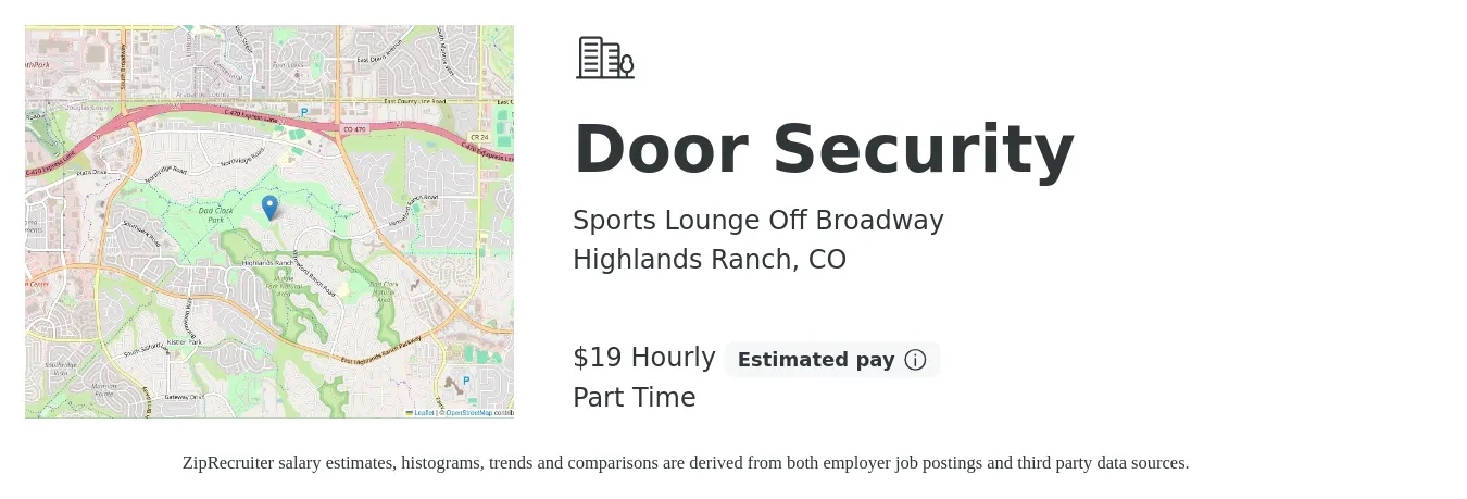 Sports Lounge Off Broadway job posting for a Door Security in Highlands Ranch, CO with a salary of $20 Hourly with a map of Highlands Ranch location.