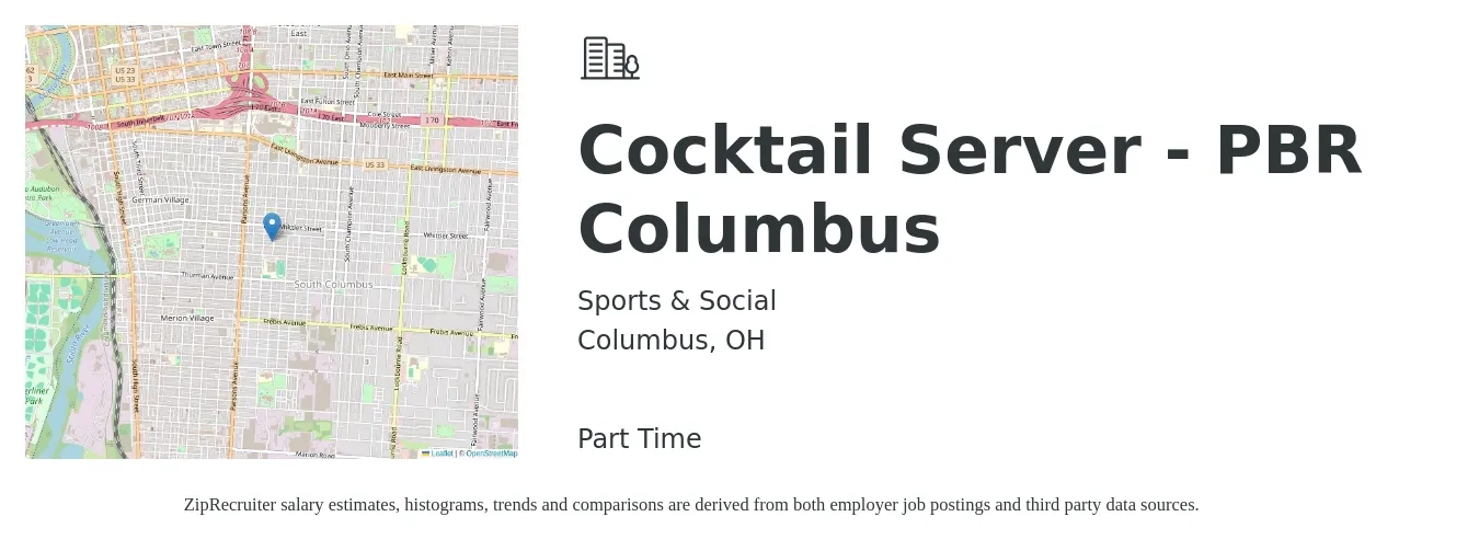 Sports & Social job posting for a Cocktail Server - PBR Columbus in Columbus, OH with a salary of $10 to $16 Hourly with a map of Columbus location.