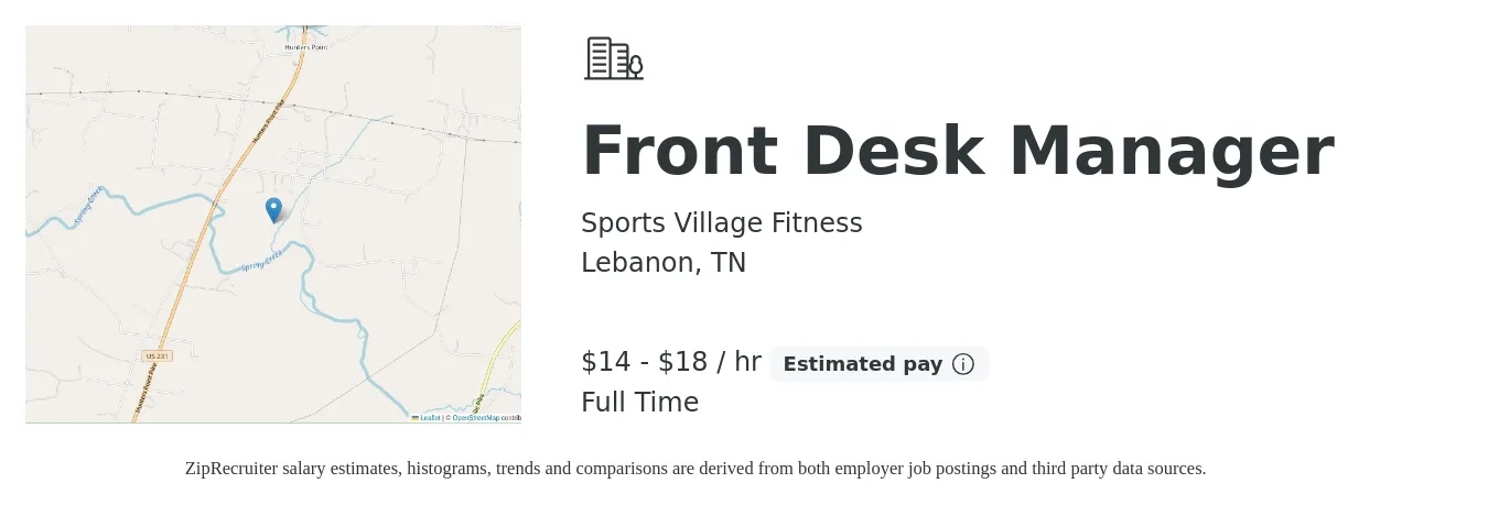 Sports Village Fitness job posting for a Front Desk Manager in Lebanon, TN with a salary of $15 to $19 Hourly and benefits including pto with a map of Lebanon location.