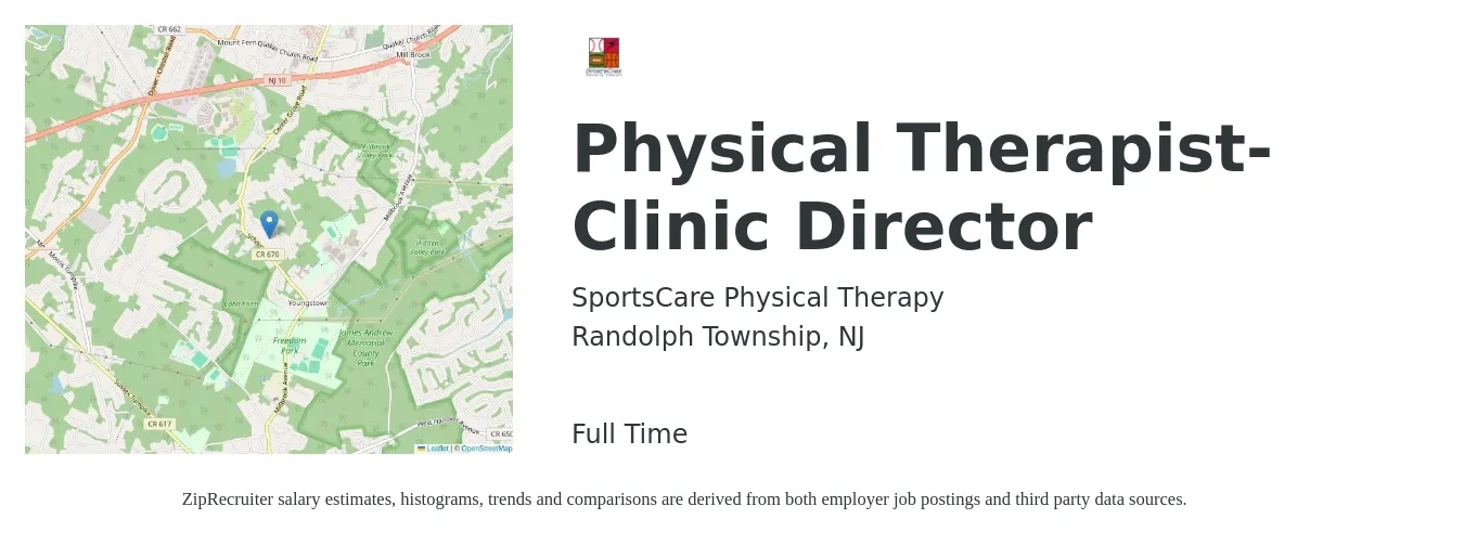 SportsCare Physical Therapy job posting for a Physical Therapist- Clinic Director in Randolph Township, NJ with a salary of $89,400 to $103,300 Yearly with a map of Randolph Township location.