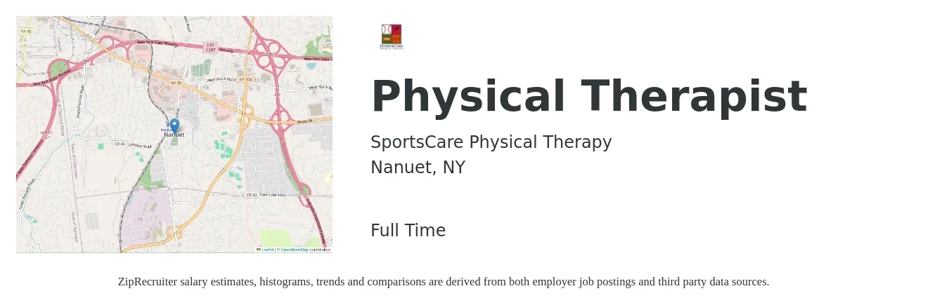 SportsCare Physical Therapy job posting for a Physical Therapist in Nanuet, NY with a salary of $1,670 to $2,170 Weekly with a map of Nanuet location.