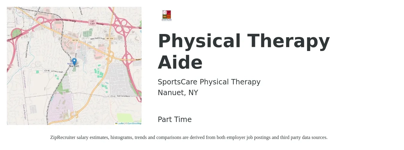 SportsCare Physical Therapy job posting for a Physical Therapy Aide in Nanuet, NY with a salary of $15 to $18 Hourly with a map of Nanuet location.