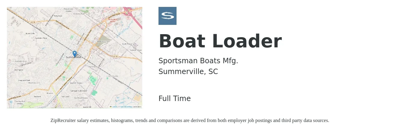 Sportsman Boats Mfg. job posting for a Boat Loader in Summerville, SC with a salary of $14 to $22 Hourly with a map of Summerville location.