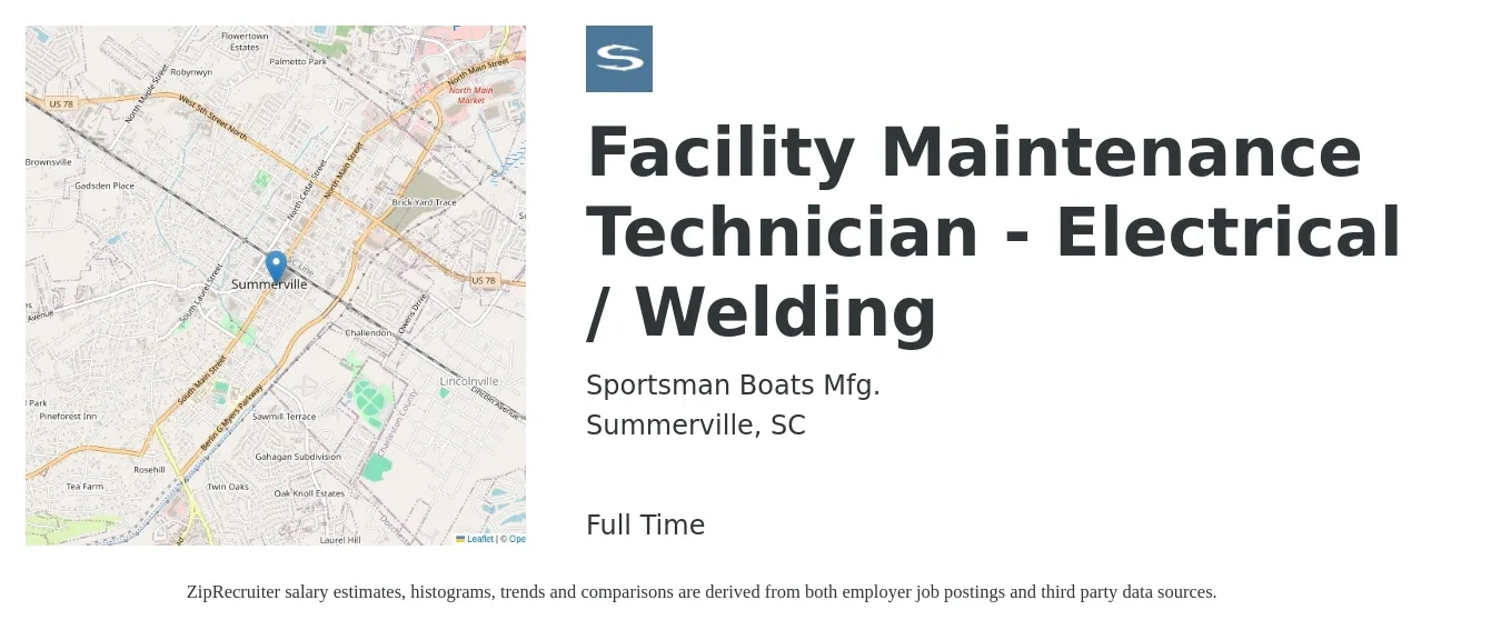 Sportsman Boats Mfg. job posting for a Facility Maintenance Technician - Electrical / Welding in Summerville, SC with a salary of $17 to $24 Hourly with a map of Summerville location.