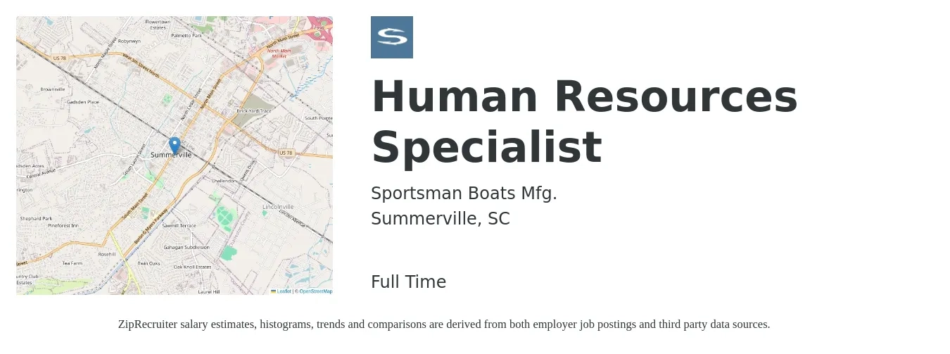 Sportsman Boats Mfg. job posting for a Human Resources Specialist in Summerville, SC with a salary of $42,200 to $88,400 Yearly with a map of Summerville location.