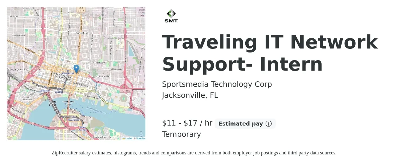 Sportsmedia Technology Corp job posting for a Traveling IT Network Support- Intern in Jacksonville, FL with a salary of $12 to $18 Hourly with a map of Jacksonville location.