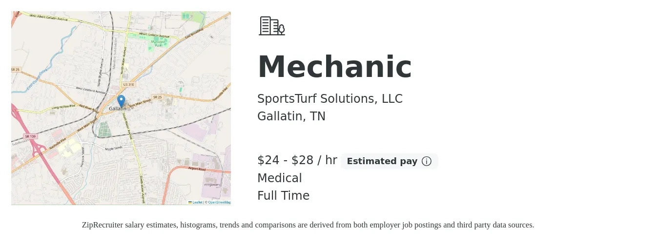 SportsTurf Solutions, LLC job posting for a Mechanic in Gallatin, TN with a salary of $25 to $30 Hourly and benefits including medical, and pto with a map of Gallatin location.