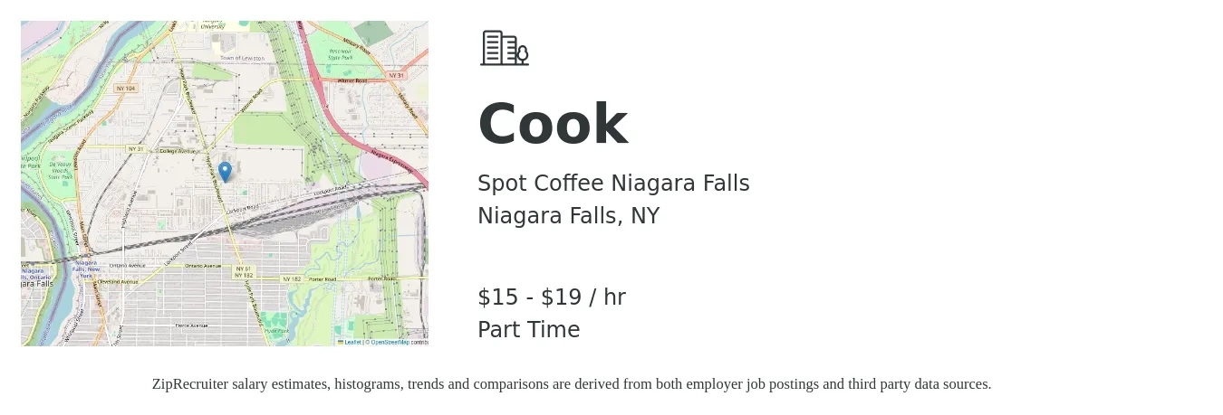 Spot Coffee Niagara Falls job posting for a Cook in Niagara Falls, NY with a salary of $16 to $20 Hourly with a map of Niagara Falls location.