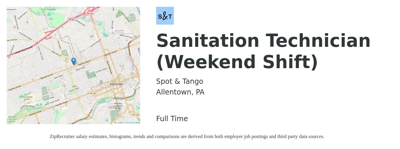 Spot & Tango job posting for a Sanitation Technician (Weekend Shift) in Allentown, PA with a salary of $16 to $20 Hourly with a map of Allentown location.