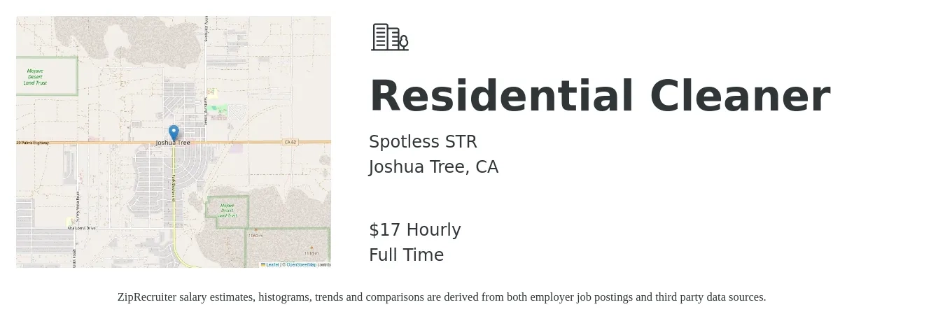 Spotless STR job posting for a Residential Cleaner in Joshua Tree, CA with a salary of $18 Hourly with a map of Joshua Tree location.