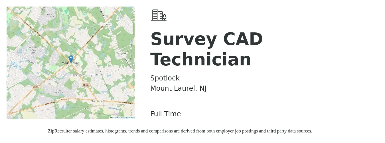 Spotlock job posting for a Survey CAD Technician in Mount Laurel, NJ with a salary of $22 to $32 Hourly with a map of Mount Laurel location.