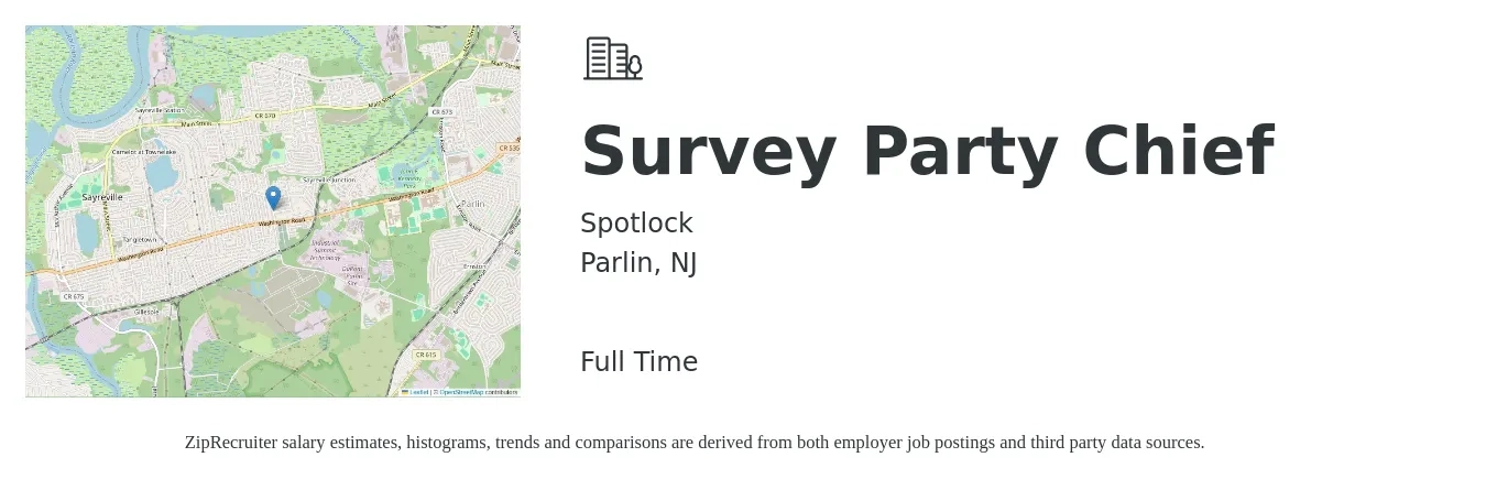 Spotlock job posting for a Survey Party Chief in Parlin, NJ with a salary of $26 to $38 Hourly with a map of Parlin location.