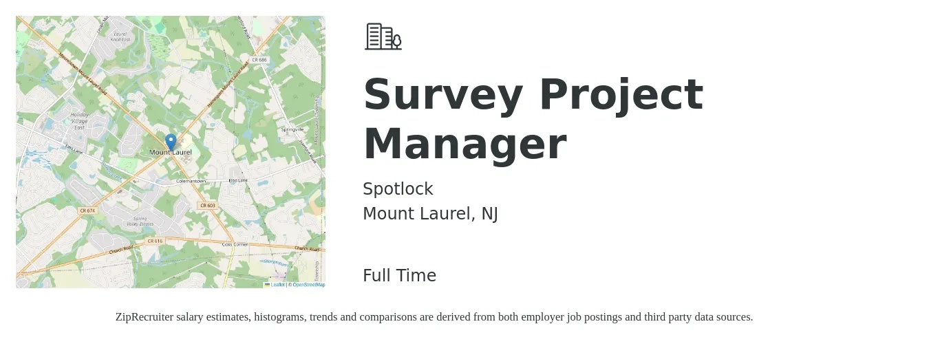 Spotlock job posting for a Survey Project Manager in Mount Laurel, NJ with a salary of $86,200 to $119,300 Yearly with a map of Mount Laurel location.