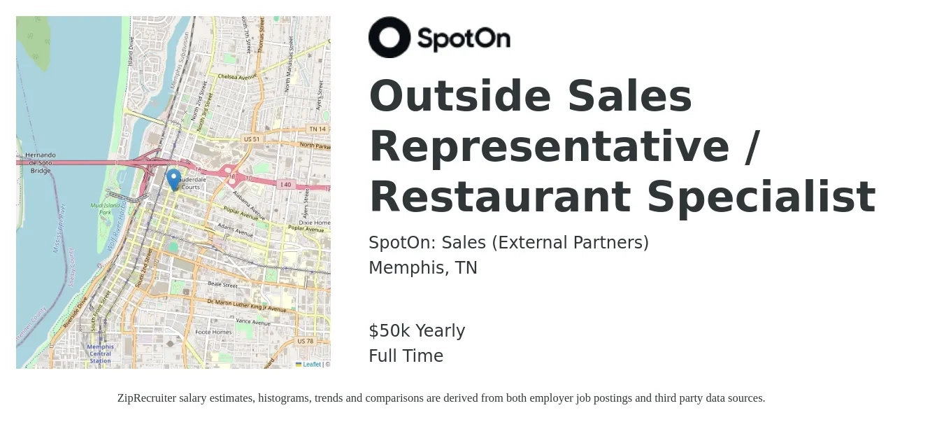 SpotOn: Sales (Career Site) job posting for a Outside Sales Representative / Restaurant Specialist in Memphis, TN with a salary of $50,000 Yearly with a map of Memphis location.