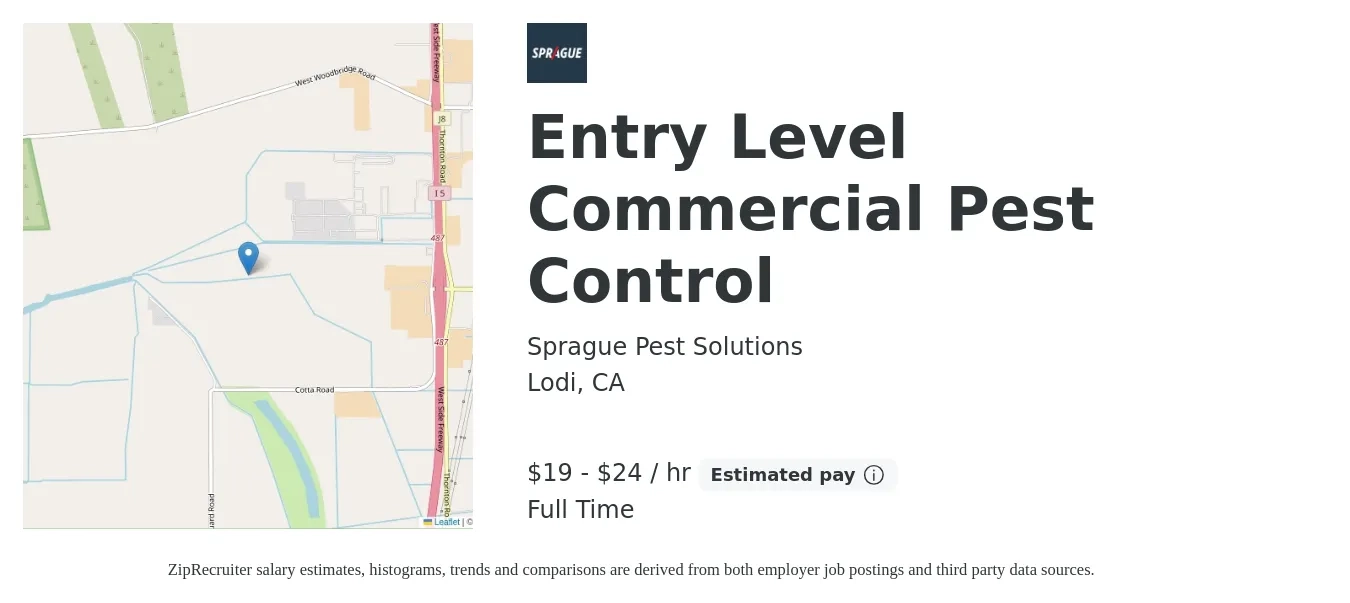 Sprague Pest Solutions job posting for a Entry Level Commercial Pest Control in Lodi, CA with a salary of $20 to $25 Hourly with a map of Lodi location.
