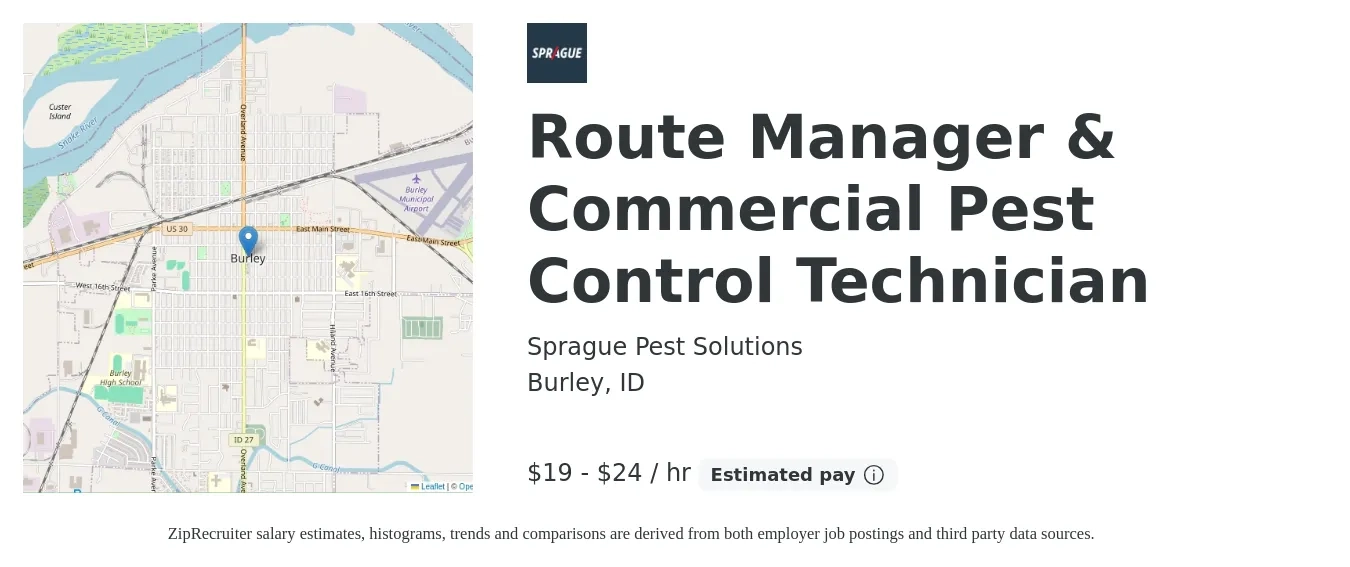 Sprague Pest Solutions job posting for a Route Manager & Commercial Pest Control Technician in Burley, ID with a salary of $20 to $25 Hourly with a map of Burley location.