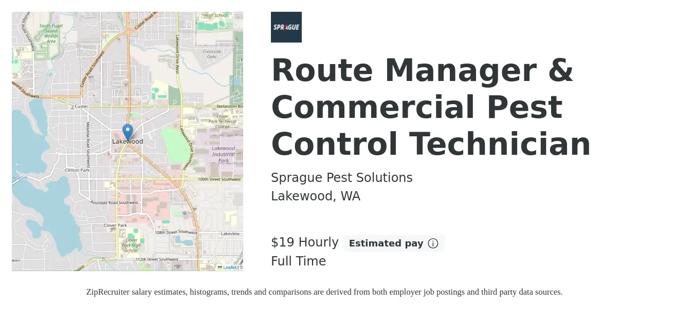 Sprague Pest Solutions job posting for a Route Manager & Commercial Pest Control Technician in Lakewood, WA with a salary of $20 to $25 Hourly with a map of Lakewood location.