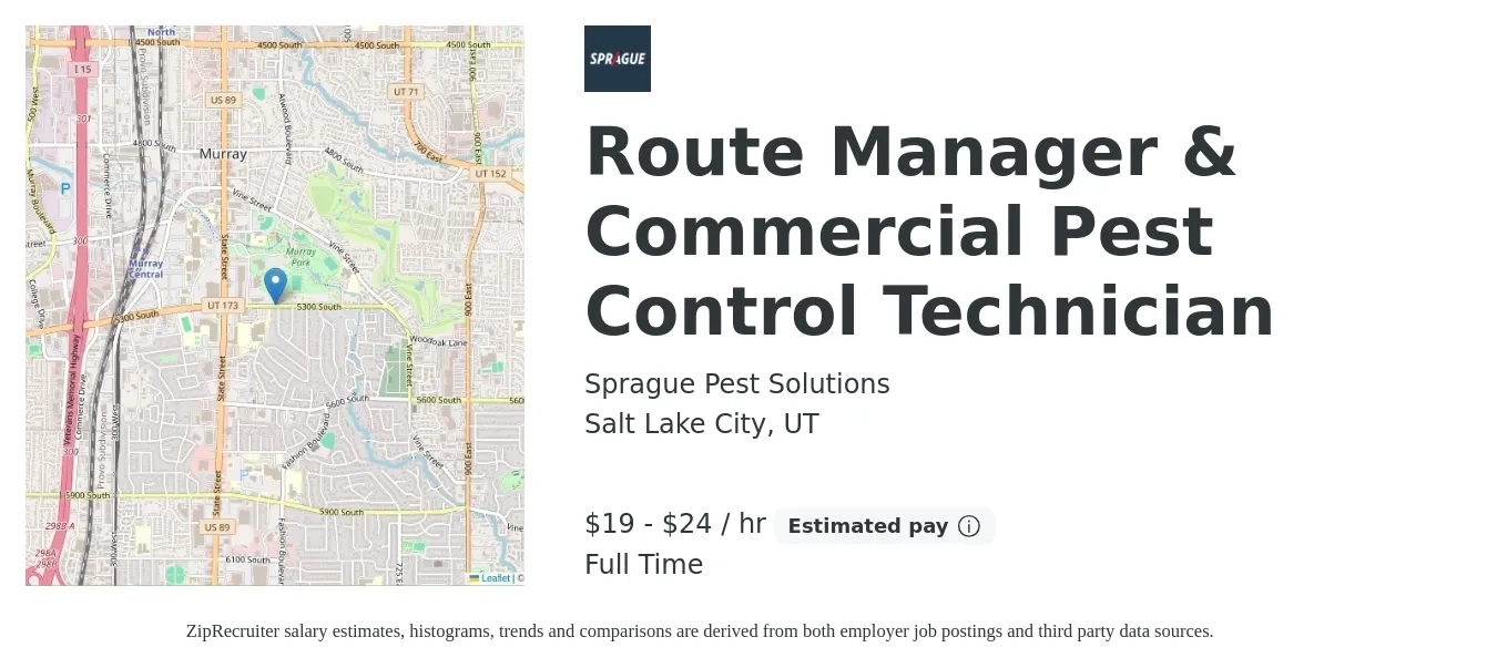 Sprague Pest Solutions job posting for a Route Manager & Commercial Pest Control Technician in Salt Lake City, UT with a salary of $20 to $25 Hourly with a map of Salt Lake City location.