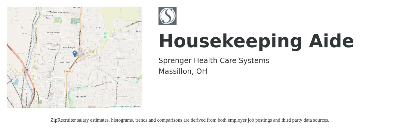 Sprenger Health Care Systems job posting for a Housekeeping Aide in Massillon, OH with a salary of $14 to $17 Hourly with a map of Massillon location.