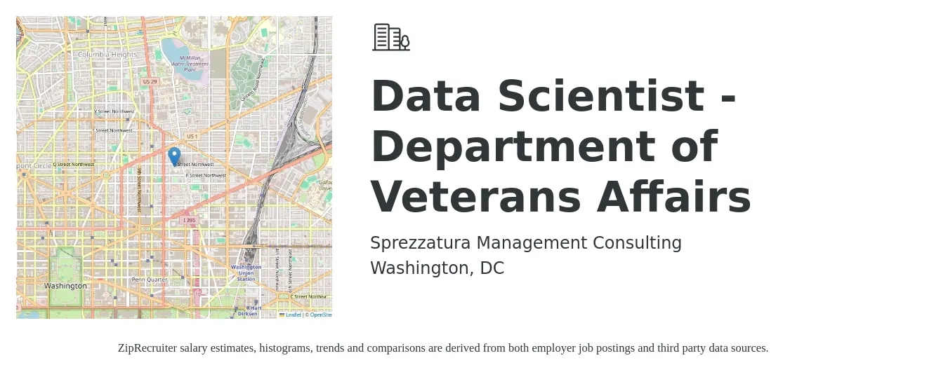 Sprezzatura Management Consulting job posting for a Data Scientist - Department of Veterans Affairs in Washington, DC with a salary of $111,600 to $154,000 Yearly with a map of Washington location.