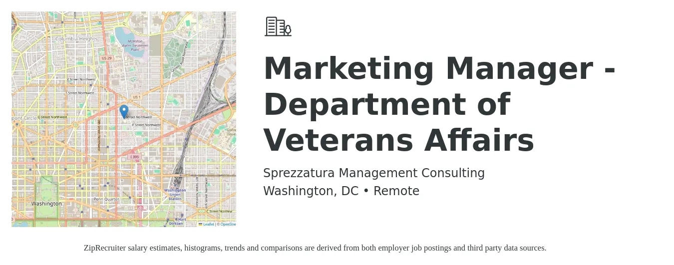 Sprezzatura Management Consulting job posting for a Marketing Manager - Department of Veterans Affairs in Washington, DC with a salary of $68,000 to $111,000 Yearly with a map of Washington location.