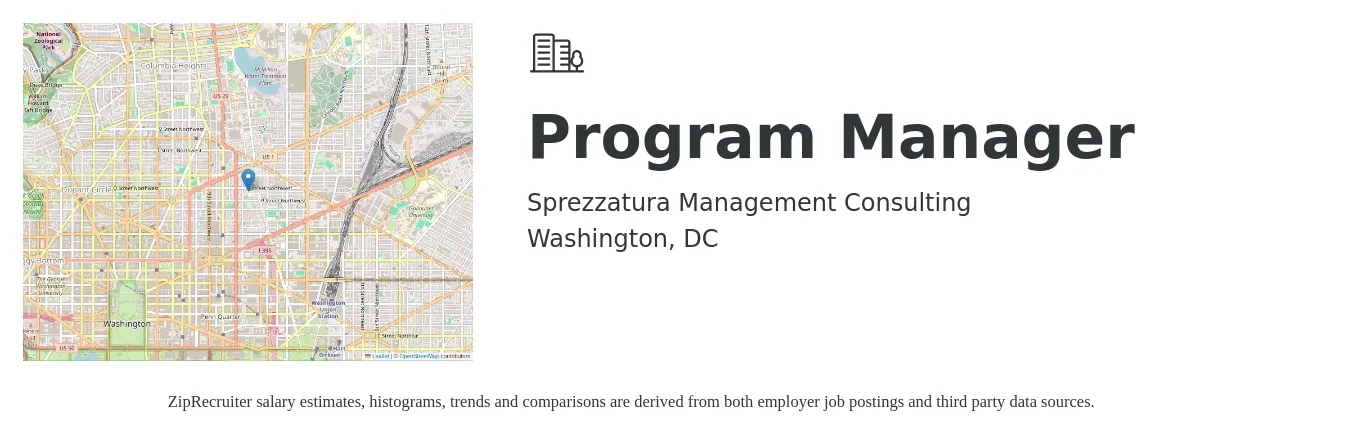 Sprezzatura Management Consulting job posting for a Program Manager in Washington, DC with a salary of $90,000 to $150,100 Yearly with a map of Washington location.