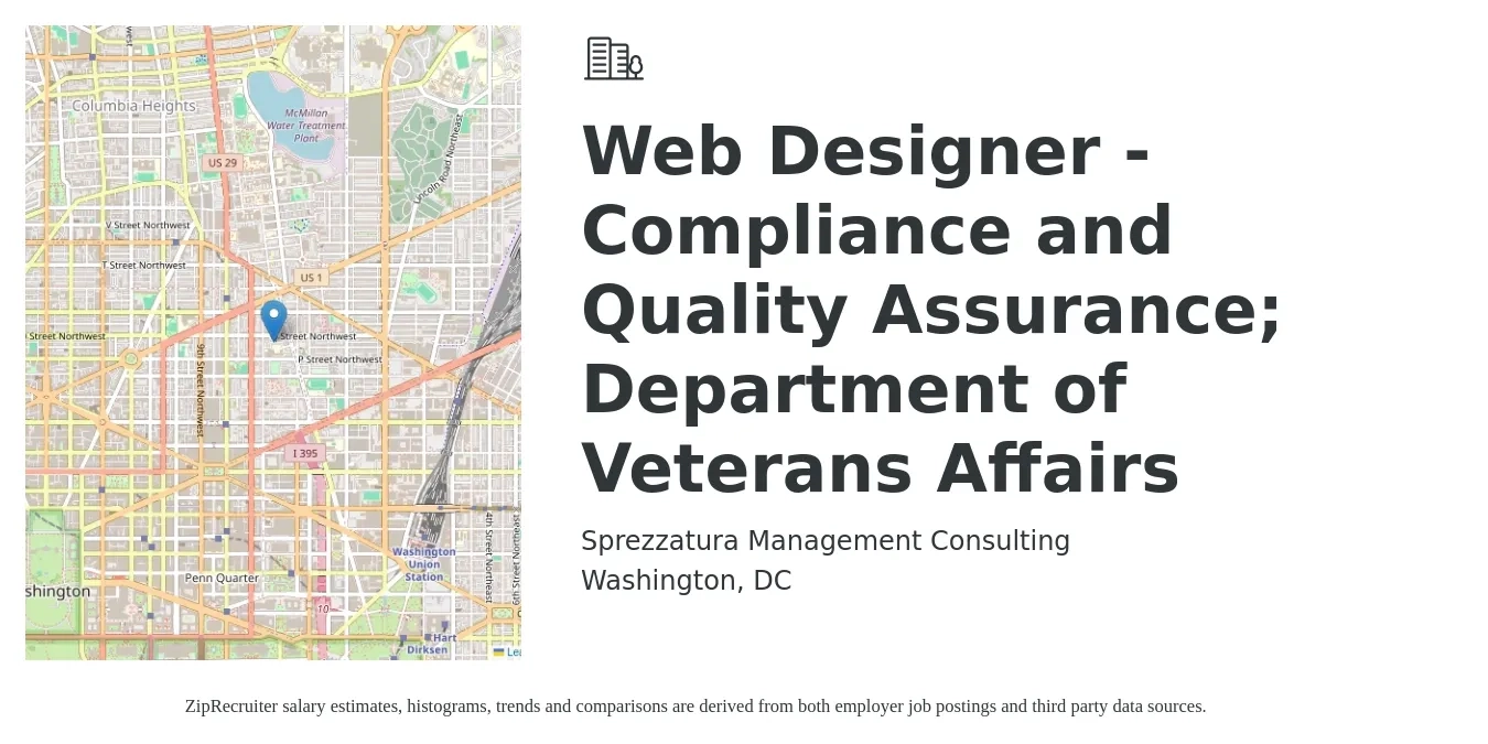 Sprezzatura Management Consulting job posting for a Web Designer - Compliance and Quality Assurance; Department of Veterans Affairs in Washington, DC with a salary of $30 to $45 Hourly with a map of Washington location.