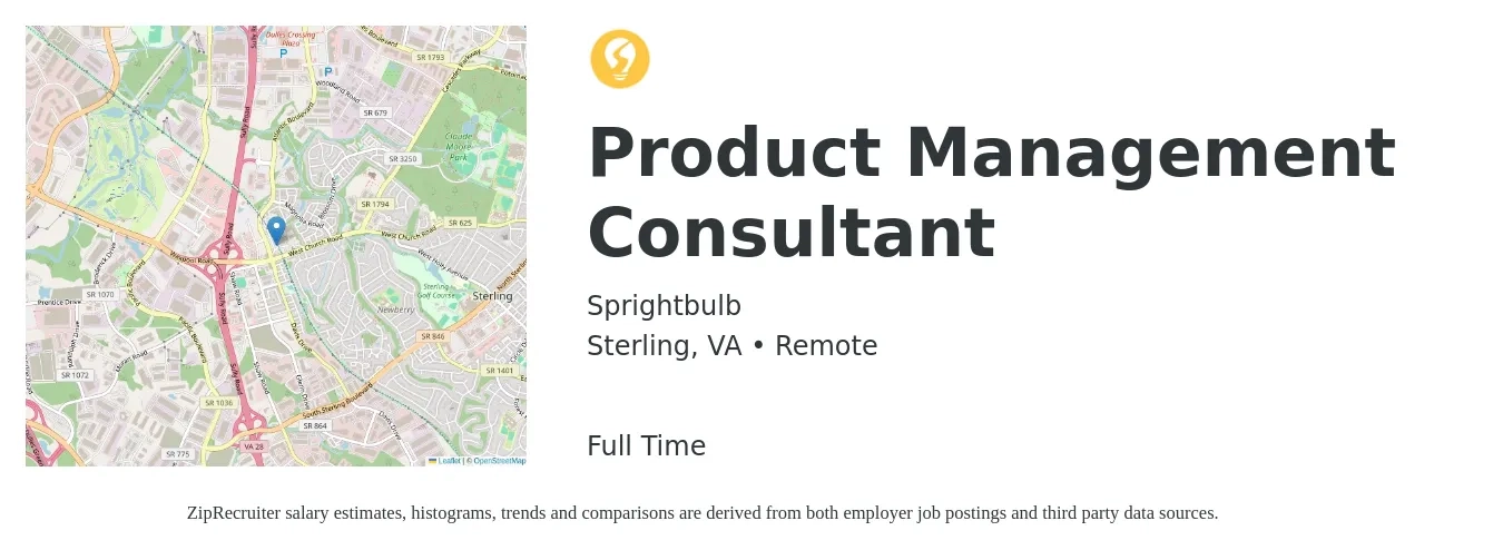 Sprightbulb job posting for a Product Management Consultant in Sterling, VA with a salary of $43 to $82 Hourly with a map of Sterling location.