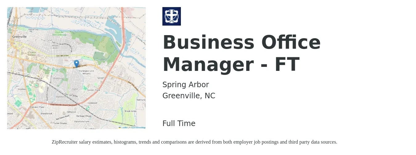 Spring Arbor job posting for a Business Office Manager - FT in Greenville, NC with a salary of $23 to $32 Hourly with a map of Greenville location.