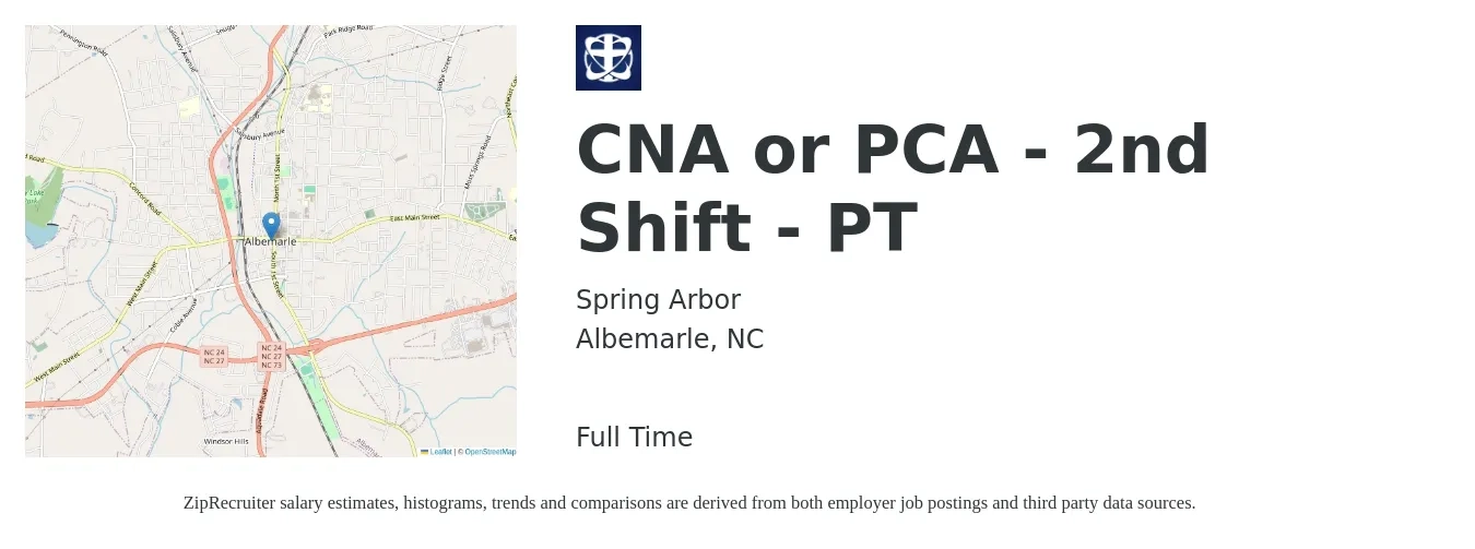 Spring Arbor job posting for a CNA or PCA - 2nd Shift - PT in Albemarle, NC with a salary of $16 to $22 Hourly with a map of Albemarle location.