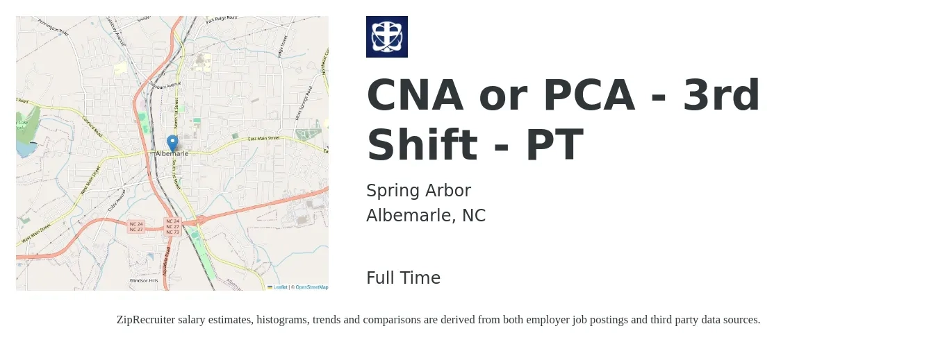 Spring Arbor job posting for a CNA or PCA - 3rd Shift - PT in Albemarle, NC with a salary of $14 to $18 Hourly with a map of Albemarle location.