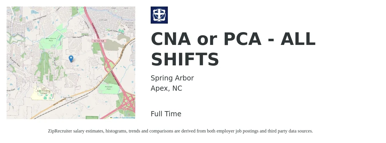 Spring Arbor job posting for a CNA or PCA - ALL SHIFTS in Apex, NC with a salary of $13 to $18 Hourly with a map of Apex location.