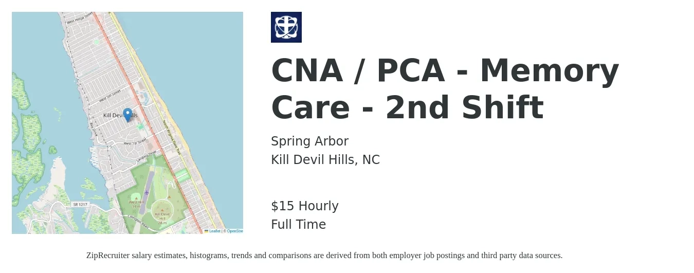Spring Arbor job posting for a CNA / PCA - Memory Care - 2nd Shift in Kill Devil Hills, NC with a salary of $16 Hourly with a map of Kill Devil Hills location.