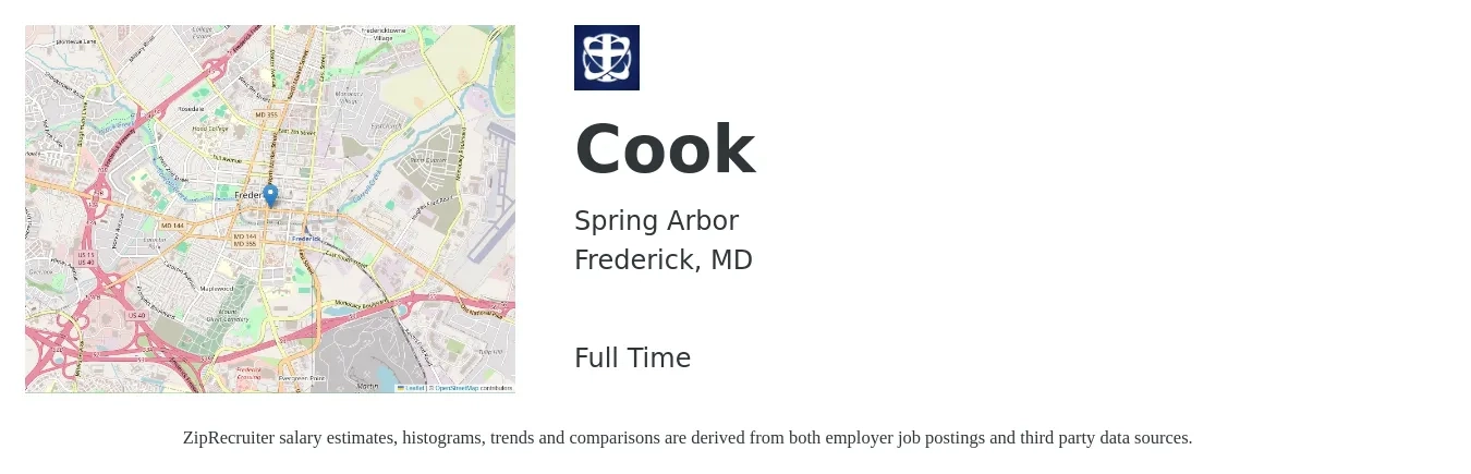 Spring Arbor job posting for a Cook in Frederick, MD with a salary of $14 to $19 Hourly with a map of Frederick location.
