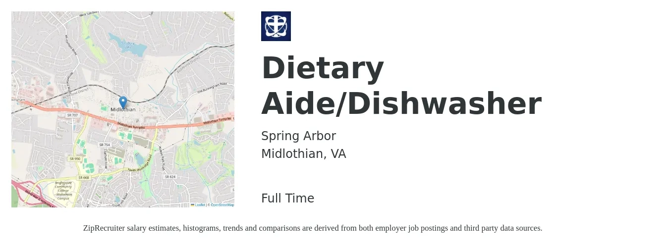 Spring Arbor job posting for a Dietary Aide/Dishwasher in Midlothian, VA with a salary of $12 to $16 Hourly with a map of Midlothian location.