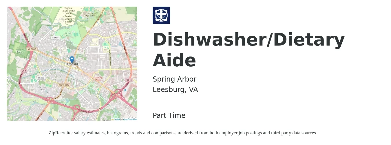 Spring Arbor job posting for a Dishwasher/Dietary Aide in Leesburg, VA with a salary of $13 to $17 Hourly with a map of Leesburg location.