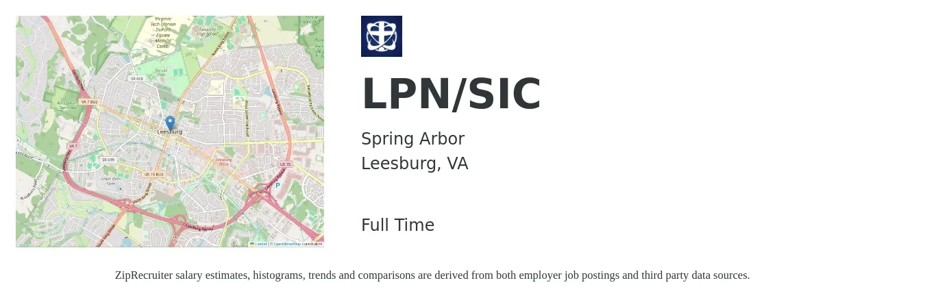 Spring Arbor job posting for a LPN/SIC in Leesburg, VA with a salary of $26 to $36 Hourly with a map of Leesburg location.