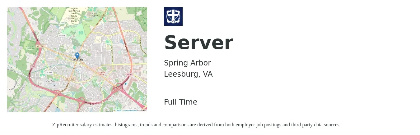 Spring Arbor job posting for a Server in Leesburg, VA with a salary of $11 to $18 Hourly with a map of Leesburg location.