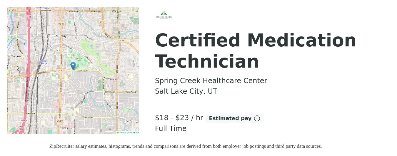 Spring Creek Healthcare Center job posting for a Certified Medication Technician in Salt Lake City, UT with a salary of $19 to $24 Hourly with a map of Salt Lake City location.