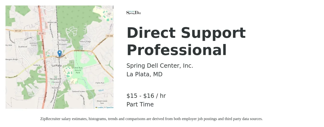 Spring Dell Center, Inc. job posting for a Direct Support Professional in La Plata, MD with a salary of $17 to $17 Hourly with a map of La Plata location.