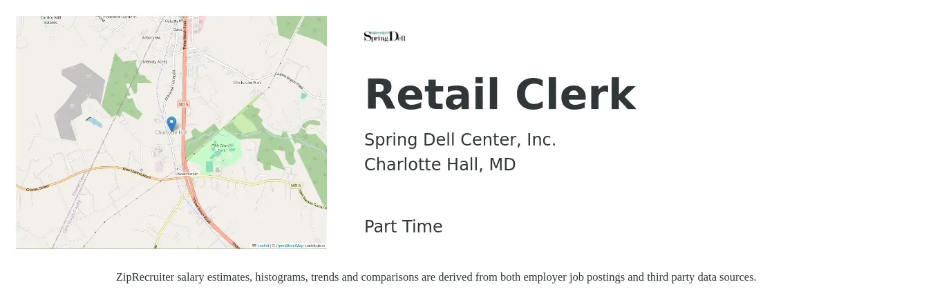Spring Dell Center, Inc. job posting for a Retail Clerk in Charlotte Hall, MD with a salary of $15 Hourly with a map of Charlotte Hall location.