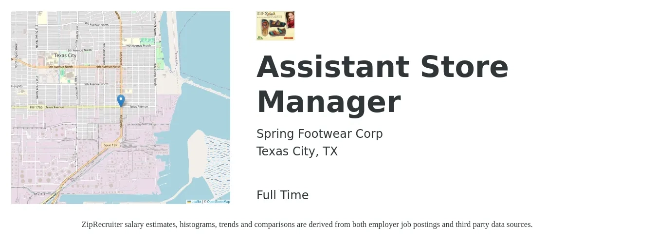 Spring Footwear Corp job posting for a Assistant Store Manager in Texas City, TX with a salary of $14 to $19 Hourly with a map of Texas City location.