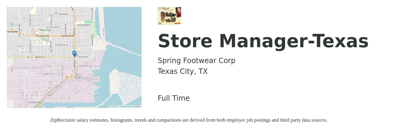 Spring Footwear Corp job posting for a Store Manager-Texas in Texas City, TX with a salary of $35,500 to $55,200 Yearly with a map of Texas City location.
