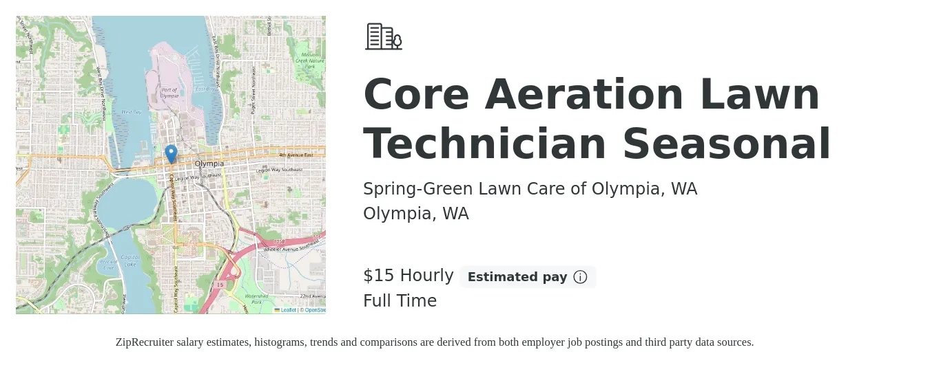 Spring-Green Lawn Care of Olympia, WA job posting for a Core Aeration Lawn Technician Seasonal in Olympia, WA with a salary of $16 Hourly with a map of Olympia location.