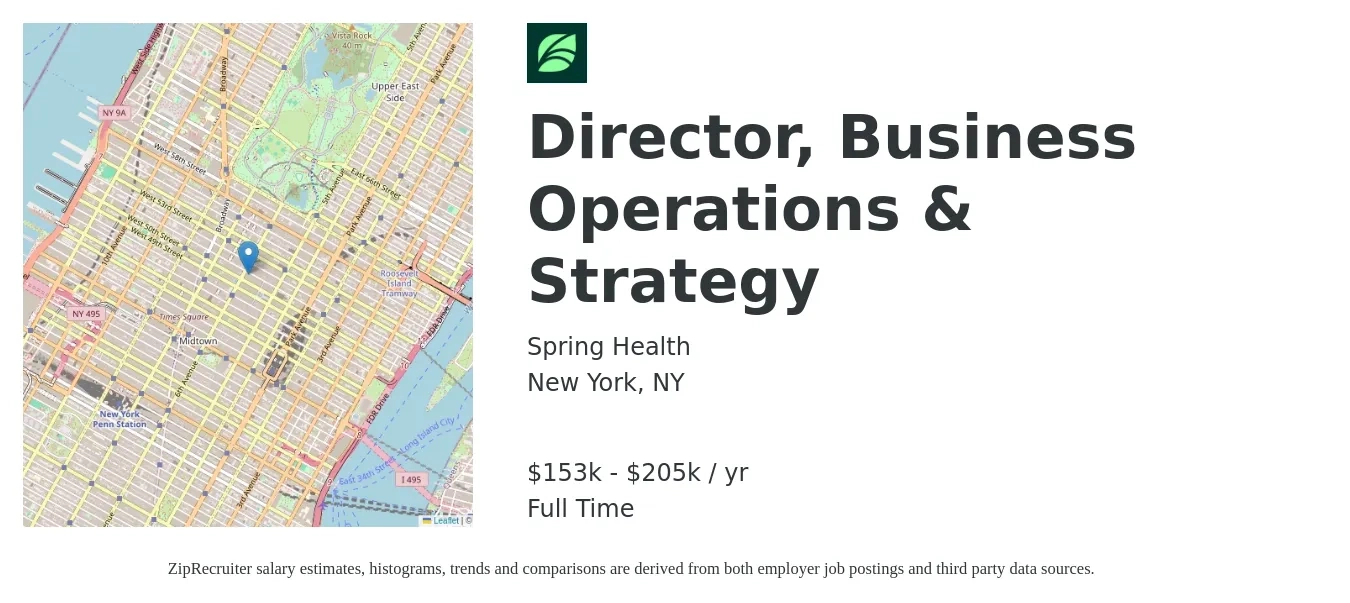 Spring Health job posting for a Director, Business Operations & Strategy in New York, NY with a salary of $153,750 to $205,000 Yearly with a map of New York location.