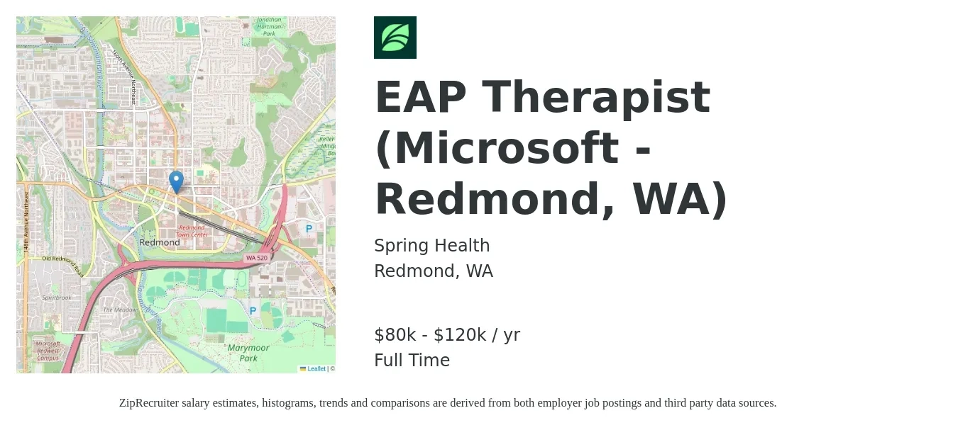 Spring Health job posting for a EAP Therapist (Microsoft - Redmond, WA) in Redmond, WA with a salary of $80,000 to $93,000 Yearly with a map of Redmond location.
