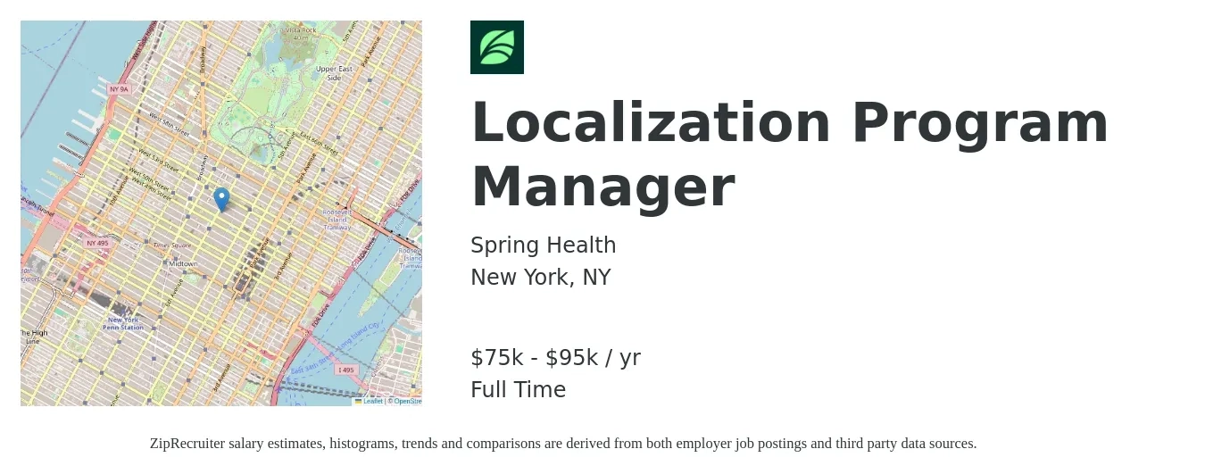 Spring Health job posting for a Localization Program Manager in New York, NY with a salary of $75,000 to $95,000 Yearly with a map of New York location.